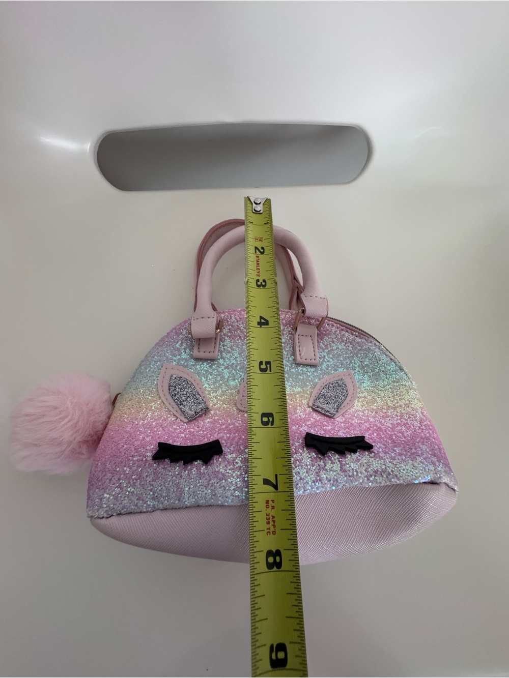 Girls Glitter Rainbow Unicorn Purse Mini Handbag Pom Pom Pastel Sparkle Cute - Picture 6 of 12